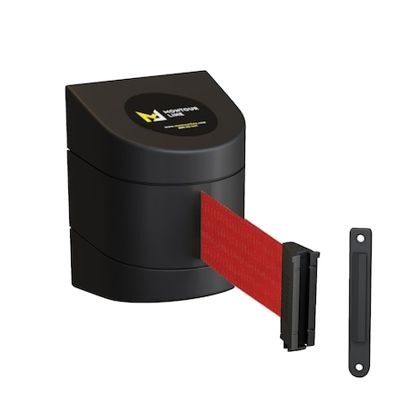 Montour Line Retractable Belt Barrier Black Fixed Wall Mount 20ft. Red Belt (F) PWM300-BK-RD-F-S-200